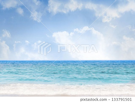 Flat design seascape is showing white sandy beach with turquoise waves under cumulus clouds Flat design seascape is showing white sandy beach with turquoise waves under cumulus clouds 133791501