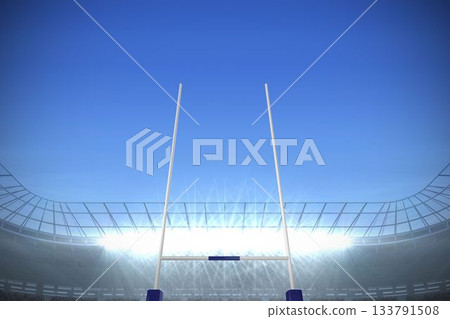 Metallic goalpost rising in flat design stadium, floodlights glowing over empty tiers and trusses 133791508