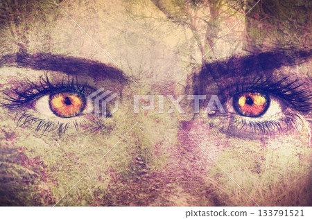 Golden cat eyes with dark lashes are blending into forest path, in surreal double-exposure art Golden cat eyes with dark lashes are blending into forest path, in surreal double-exposure art 133791521