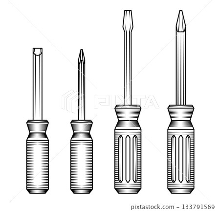 Vector illustration set screwdriver hand tools head types in vintage engraving style black and white etching for construction repair mechanic workshop equipment Vector illustration set screwdriver hand tools head types in vintage engraving style black and white etching for construction repair mechanic workshop equipment 133791569