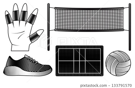 volleyball sport equipment volley hand drawn vector illustration set net court layout shoes and ball in vintage engraving style black and white woodcut design 133791570