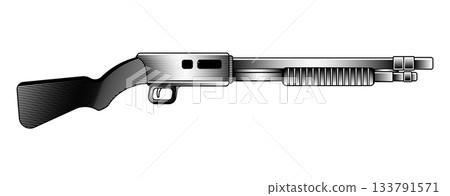 Hand drawn vector illustration of pump action shotgun firearm weapon vintage engraving style etching design hunting sport military combat Hand drawn vector illustration of pump action shotgun firearm weapon vintage engraving style etching design hunting sport military combat 133791571