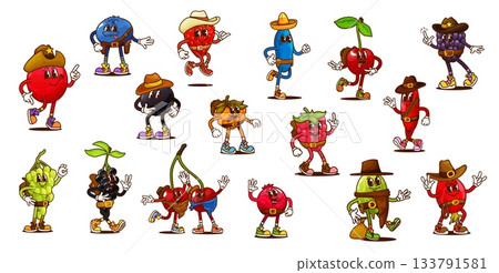 Cartoon groovy berry cowboy and sheriff characters, retro Western fruit food vector personages. Funny groovy strawberry, cherry, raspberry and cranberry fruits characters with Wild West hats and guns 133791581