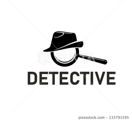 Detective agency, police agent icon or sign. Police inspector emblem, private investigator vector symbol. Security agency or detective service sign or icon with hat and magnifying glass 133791595