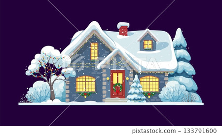Christmas house in winter snow with holiday decorations, cartoon vector building. Town house at eve night decorated with Christmas lights garland and Xmas wreath ornament on door and snow on roof 133791600