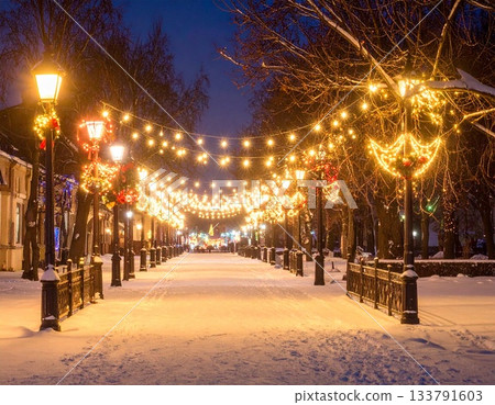 夜晚的人行道被冬日燈光照亮 夜晚的人行道被冬日燈光照亮 133791603