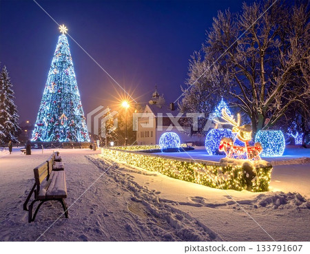 A decorated Christmas tree in a snowy town 133791607