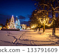 A decorated Christmas tree in a snowy town 133791609