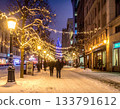 A sidewalk at night illuminated with winter lights 133791612