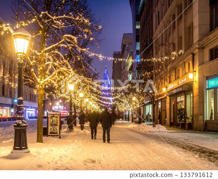 A sidewalk at night illuminated with winter lights 133791612