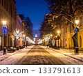 A sidewalk at night illuminated with winter lights 133791613