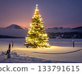 A decorated Christmas tree in a snowy town 133791615