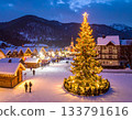 A decorated Christmas tree in a snowy town 133791616