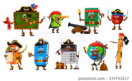 Cartoon school stationery pirate corsair crew characters. Cute back to school education supplies vector personages of book, calculator, ruler, paint and globe pirates, apple and sharpener corsairs Cartoon school stationery pirate corsair crew characters. Cute back to school education supplies vector personages of book, calculator, ruler, paint and globe pirates, apple and sharpener corsairs 133791617