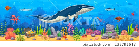 Underwater landscape game background with treasure chest and blue whale, cartoon vector. Sea or ocean underwater landscape with pirate treasure chest, funny octopus and turtle with coral reef starfish Underwater landscape game background with treasure chest and blue whale, cartoon vector. Sea or ocean underwater landscape with pirate treasure chest, funny octopus and turtle with coral reef starfish 133791618