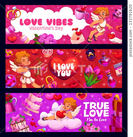 Valentine day banners with cupids and hearts for love holiday, vector greeting quotes. Valentine day Love Vibes and I Love You phrases on banners with funny cherub angels, wedding cake and sweet candy 133791620