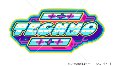 Vibrant color vintage Y2K techno icon, label element. Cool Y2K patch, nostalgic retro vector label. Colorful vintage sticker or funky Y2K icon with blue and violet neon color typography 133791621