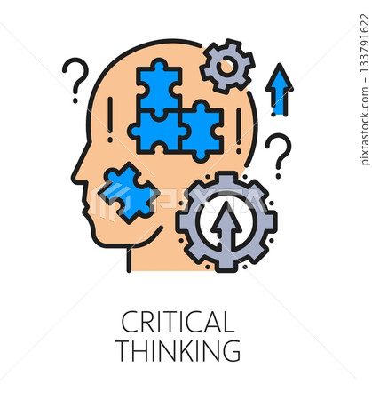 Critical thinking life skill color line icon or sign. Human quality lineart vector sign, people life skill icon. Critical thinking ability symbol with human head silhouette, jigsaw puzzle and cogwheel 133791622