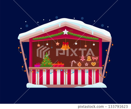 Christmas market stall with tree, neon ornaments and striped counter. Winter festive booth decorated with garlands, stars and gifts. Cozy cartoon vector snowy stand for seasonal night fair celebration Christmas market stall with tree, neon ornaments and striped counter. Winter festive booth decorated with garlands, stars and gifts. Cozy cartoon vector snowy stand for seasonal night fair celebration 133791623