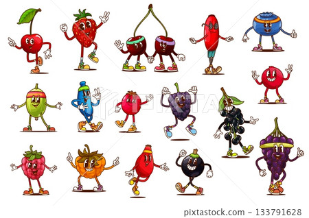 Cartoon groovy berry characters doing sport activities. Retro hippie farm fruit vector personages running and jumping. Psychedelic strawberry, cherry and grape berries, groovy raspberry and cranberry 133791628