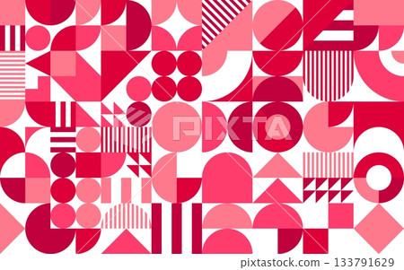Valentines geometric pattern with shapes. Vector abstract background, tile, retro modern romantic grid pattern featuring circles, lines, squares and symmetrical simple minimal figures in pink palette Valentines geometric pattern with shapes. Vector abstract background, tile, retro modern romantic grid pattern featuring circles, lines, squares and symmetrical simple minimal figures in pink palette 133791629