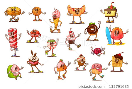Cartoon groovy sweet and candy characters, vector retro dessert food personages with happy faces. Cute chocolate cake, ice cream, croissant and cupcake, funny groovy cookie, donut and waffle sweets 133791685