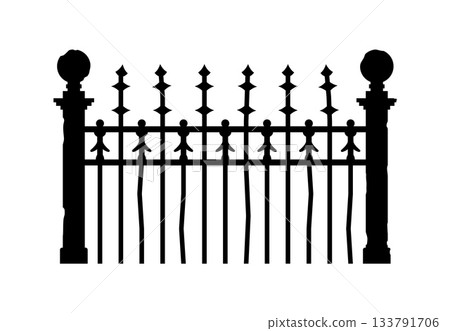 Halloween cemetery tomb fence border silhouette. Creepy forged vector border, Halloween spooky park antique fence form. Scary graveyard metal barrier shape or horror cemetery iron palisade silhouette 133791706