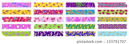 Washi tape piece strips with torn edges, decorated with vector sunglasses, hearts and flowers. Cherry fruits, music notes and planets with rainbow and banana or UFO and umbrella for washi tape 133791707