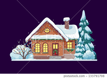 Winter Christmas snowy house building decorated with Christmas lights garland, cartoon vector. Wooden house cottage in winter snow with wreath ornament decoration on door porch for Christmas holiday 133791708