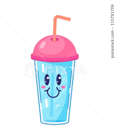Cartoon clean water refreshing drink takeaway cup funny character. Cold natural drink cute personage, pure mineral water cup happy isolated vector character. Clean aqua beverage cheerful mascot 133791709