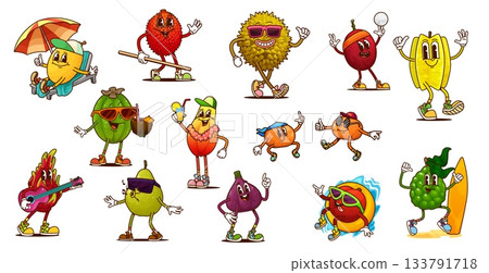 Cartoon groovy tropical fruits characters on summer vacation. Sweet berry food vector personages of retro hippie groovy feijoa, carambola, papaya and lychee fruits on beach with sunglasses, cocktails 133791718