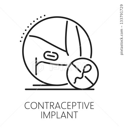 Contraceptive implant contraception method line icon or sign. Contraception method outline vector pictogram, pregnancy prevention sign. Birth control technique symbol with sperm and human hand implant 133791729