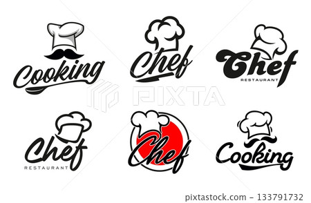 Chef cook hat icons, culinary and bakery, restaurant and catering symbols. Vector chef toques, cook hats or baker caps with knives, spoon and vintage mustache isolated emblems set, bistro or cookery Chef cook hat icons, culinary and bakery, restaurant and catering symbols. Vector chef toques, cook hats or baker caps with knives, spoon and vintage mustache isolated emblems set, bistro or cookery 133791732