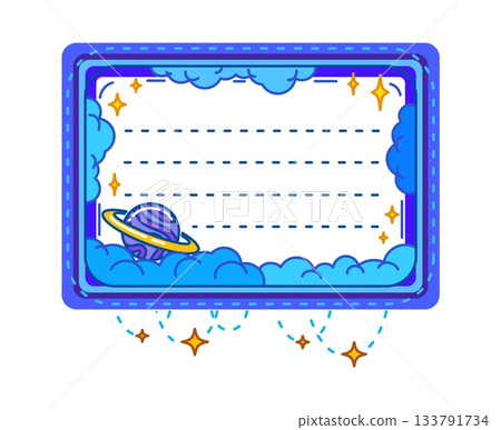 Sky and space stars kids memo note template. Space galaxy scrapbook frame, cosmos child diary vector memo note. Blue sky kid to do list sticker or label with Saturn planet, blue clouds and stars Sky and space stars kids memo note template. Space galaxy scrapbook frame, cosmos child diary vector memo note. Blue sky kid to do list sticker or label with Saturn planet, blue clouds and stars 133791734