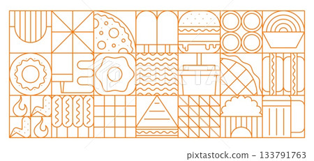 Fast food abstract geometric pattern. Vector orange grid background with linear food icons includes pizza, burger, fries, drinks, donuts, hot dogs for fastfood restaurant branding, packaging and menus Fast food abstract geometric pattern. Vector orange grid background with linear food icons includes pizza, burger, fries, drinks, donuts, hot dogs for fastfood restaurant branding, packaging and menus 133791763