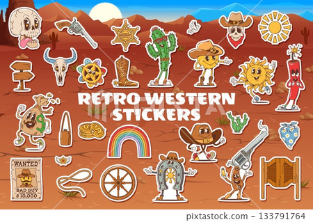 Retro western groovy characters. Wild west hippie personages. Cartoon stickers of cowboy hat, cacti, skull, gun, boots, sheriff badge and money bag, horseshoe, lasso, wagon wheel in desert landscape 133791764