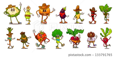 Cartoon groovy cowboy and bandit vegetable characters of retro hippie carrot, tomato, pepper and avocado food vector personages. Funky groovy Wild West broccoli, eggplant and radish cowboy characters 133791765
