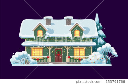 Christmas snowy house decorated with lights garland for winter holiday, cartoon vector building. Cottage house at eve night with Xmas wreath ornament on door and red ribbon decorations on fence 133791766