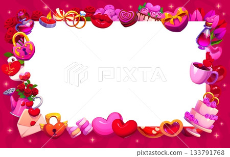 Valentine day holiday greeting card frame with hearts and lips kiss, vector background. Valentine day blank greeting card with frame of wedding cake and gift, dove with love message and sweet candies Valentine day holiday greeting card frame with hearts and lips kiss, vector background. Valentine day blank greeting card with frame of wedding cake and gift, dove with love message and sweet candies 133791768