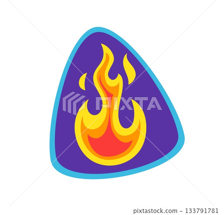 Fire flame Y2K groovy sticker or funky print. Vintage positive groovy vector sticker, hippie 80s Y2K patch. Retro cute funky label or funny 60s cartoon tag with guitar pick decorated fire 133791781