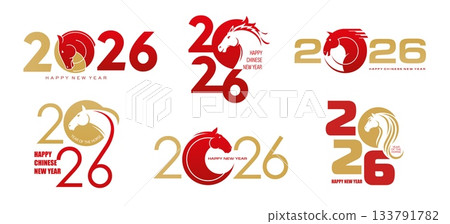 2026 Chinese New Lunar Year of horse vector icons set. Chinese zodiac calendar animal symbols of gold and red horse heads and Happy New Year greetings. Asian horoscope signs and Spring Festival cards 133791782