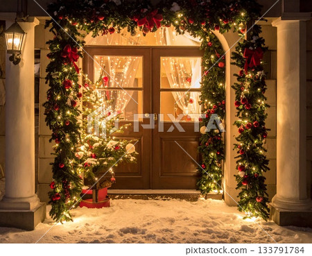 Christmas decorated front door 133791784