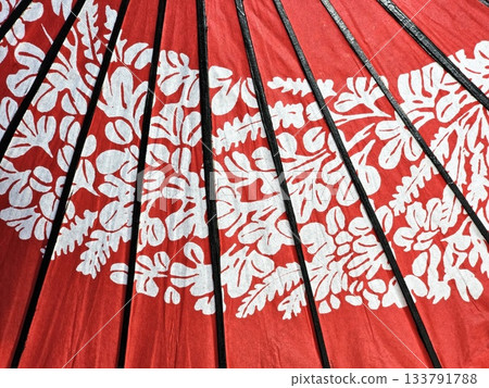 Traditional Japanese Red and White Floral Pattern Umbrella Close up. 133791788