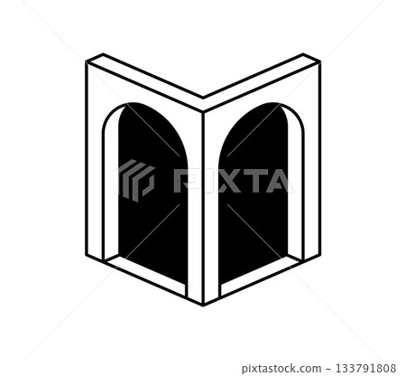 Psychedelic trippy graphic two arch entrance shape. Geometric graphic element vector, retro surreal shape. Trippy funky portal or psychedelic Y2K arch doorway dark entrance Psychedelic trippy graphic two arch entrance shape. Geometric graphic element vector, retro surreal shape. Trippy funky portal or psychedelic Y2K arch doorway dark entrance 133791808