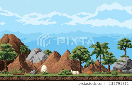 8 bit pixel art game background with prehistoric dino egg. Retro arcade 2d videogame, 8bit pixel vector landscape background with mountains, rocky hills, trees, blue sky and dinosaurs eggs 133791811