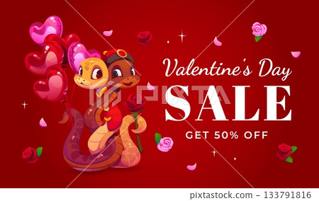 Valentine Day sale banner with funny snakes couple and heart balloons, vector shopping ad poster. Valentine day sale and love holiday discount promo banner with snake characters in love with roses Valentine Day sale banner with funny snakes couple and heart balloons, vector shopping ad poster. Valentine day sale and love holiday discount promo banner with snake characters in love with roses 133791816