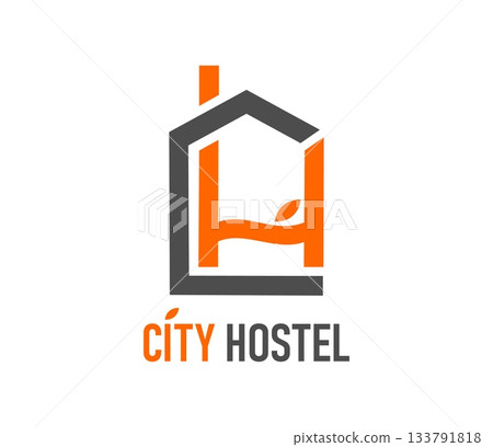 Hostel motel business abstract icon or badge. Resort rental accommodation emblem, hotel graphic vector symbol. Travel hostel business sign or motel company icon with bed, building and typography Hostel motel business abstract icon or badge. Resort rental accommodation emblem, hotel graphic vector symbol. Travel hostel business sign or motel company icon with bed, building and typography 133791818