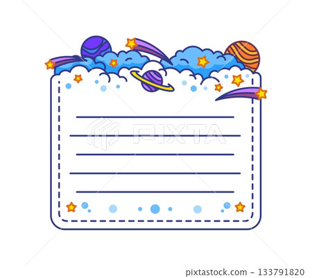 Space shooting stars and sky kids memo note template. Blue sky to do list label, space galaxy scrapbook vector sticker. Universe kids diary memo note or frame with planets, falling stars or comets Space shooting stars and sky kids memo note template. Blue sky to do list label, space galaxy scrapbook vector sticker. Universe kids diary memo note or frame with planets, falling stars or comets 133791820