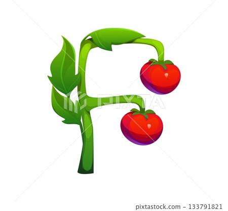 Letter F agriculture typeface as cartoon tomato vegetable plant. Vector farm font, harvest type, funny English alphabet character as ripe healthy veggie with ripe red tomatoes. Abc for kids learning 133791821