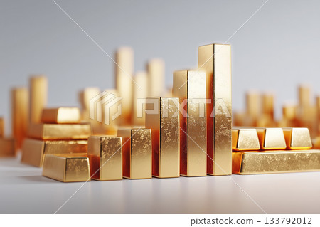 一張向上延伸的圖表圖片,圖表上有幾排金條。 一張向上延伸的圖表圖片,圖表上有幾排金條。 133792012